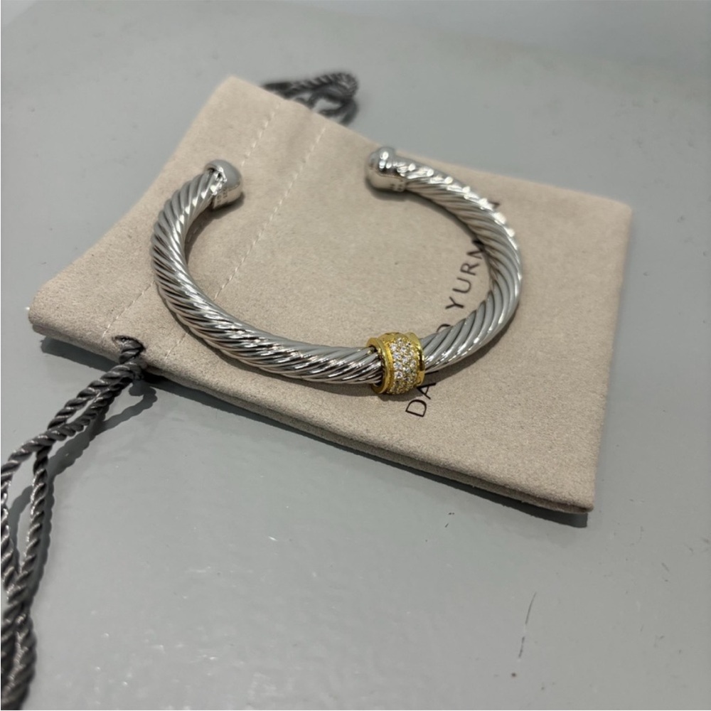 David Yurman Two-Tone Cable Cuff Bracelet with Gold and Diamonds 7mm